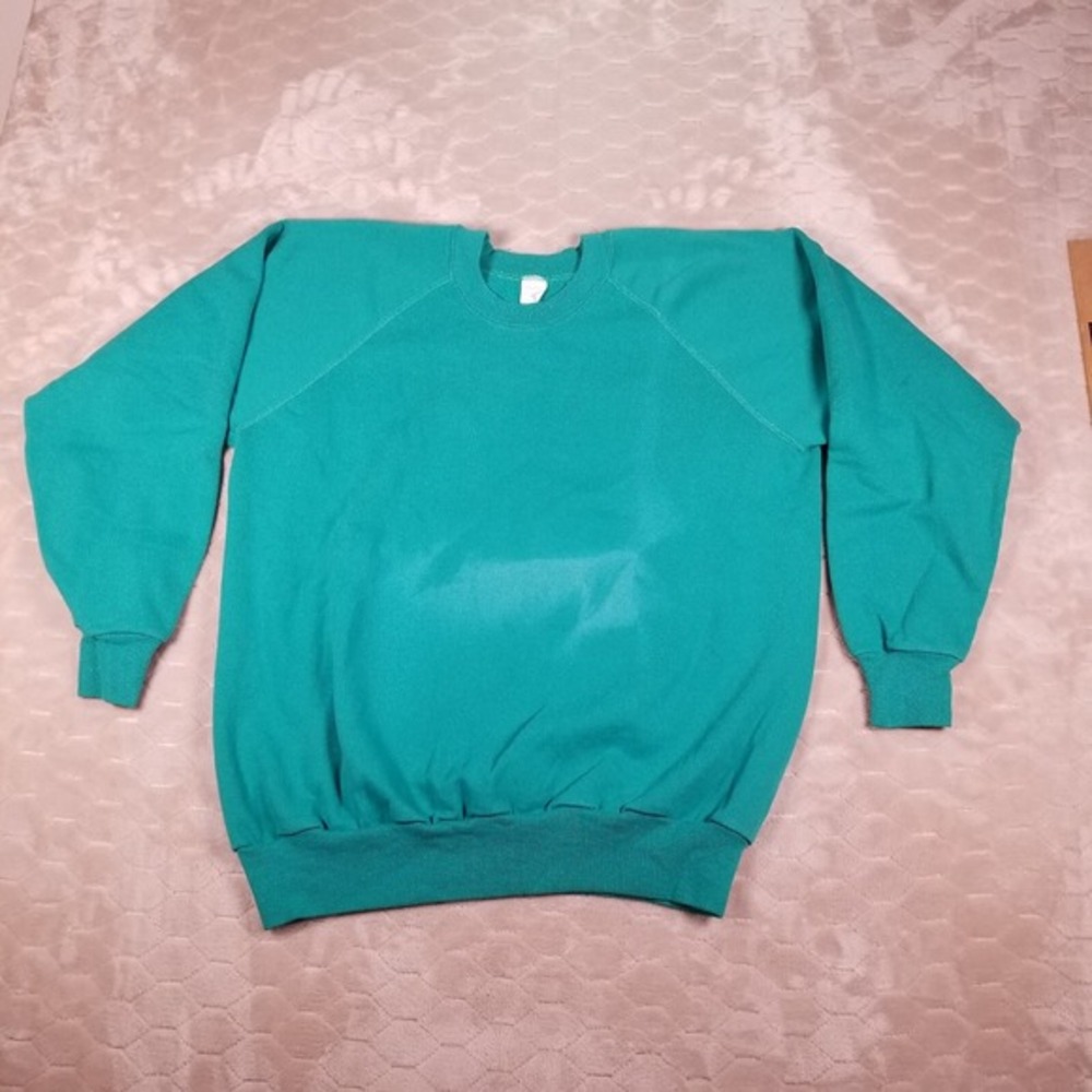 VTG 70s 80s Blank‎ Aqua Teal Raglan Crewneck Sweatshirt Sun Bleached Sz L/XL